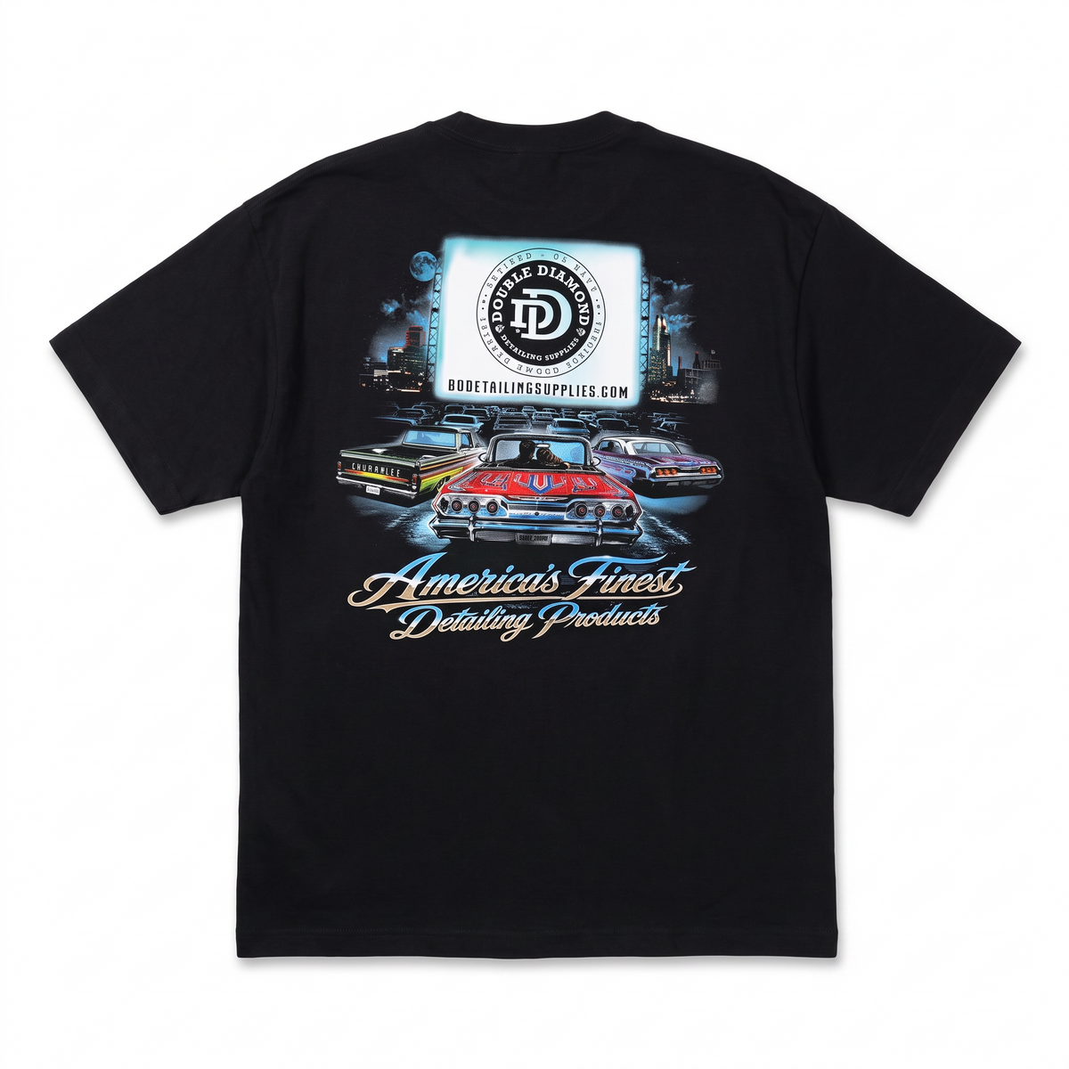 Drive In Tee - Black, back print: lowriders at a drive-in, America's Finest Detailing Products