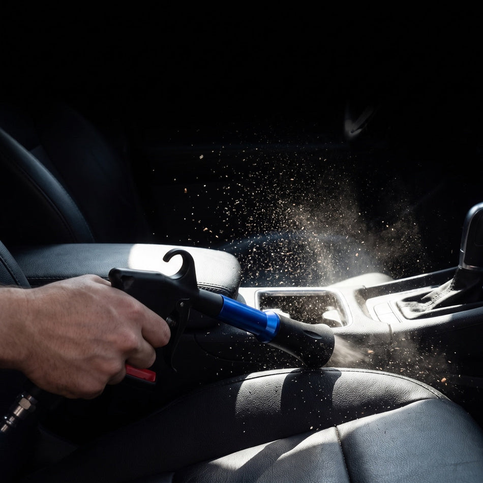 Cyclone Air Blow Gun blasting debris out of a car seat and center console